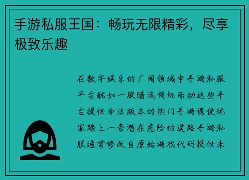 手游私服王国：畅玩无限精彩，尽享极致乐趣